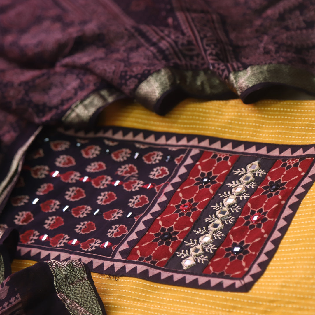 Surma Corn Yellow Ajrak Print Patch with Running Stitch Cotton Suit Set