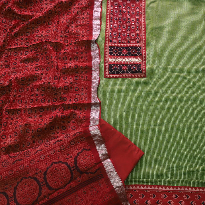 Surma Grass Green Ajrak Print Patch with Running Stitch Cotton Suit Set