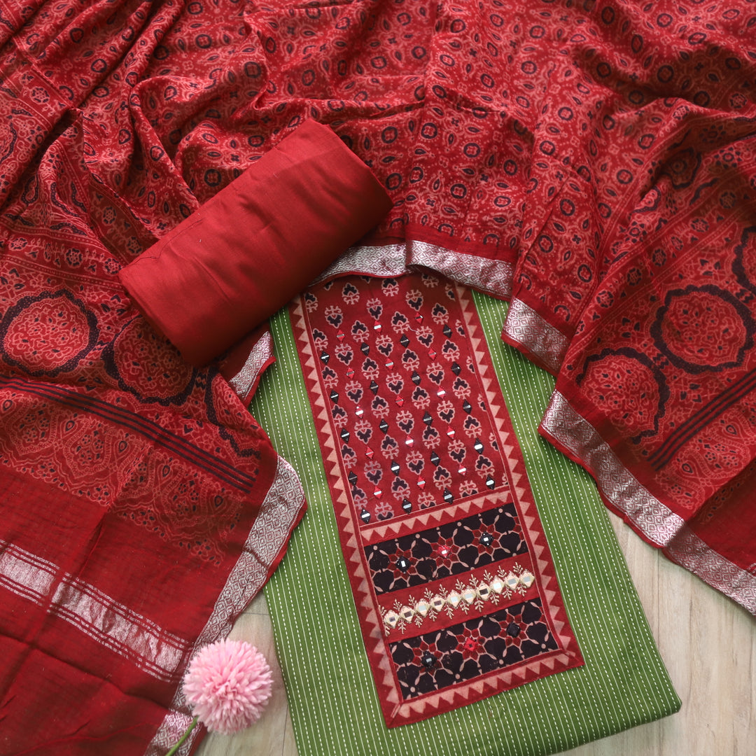 Surma Grass Green Ajrak Print Patch with Running Stitch Cotton Suit Set