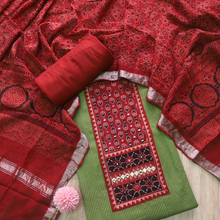 Surma Grass Green Ajrak Print Patch with Running Stitch Cotton Suit Set