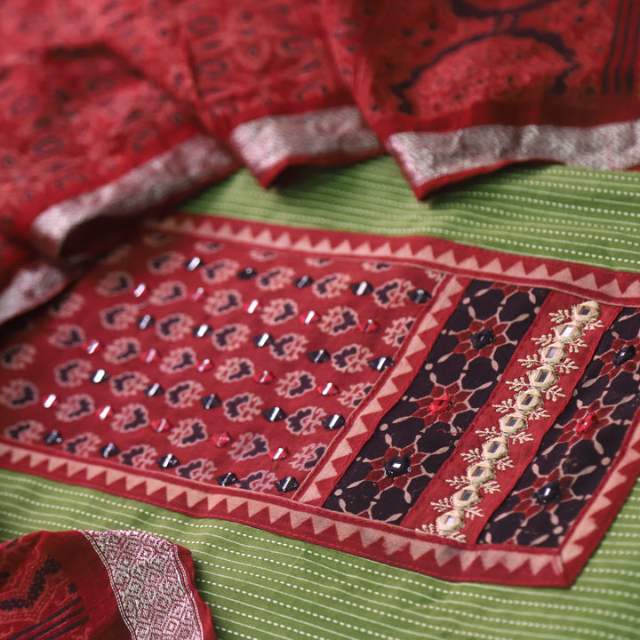 Surma Grass Green Ajrak Print Patch with Running Stitch Cotton Suit Set