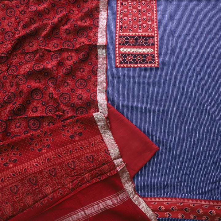 Surma Denim Blue Ajrak Print Patch with Running Stitch Cotton Suit Set