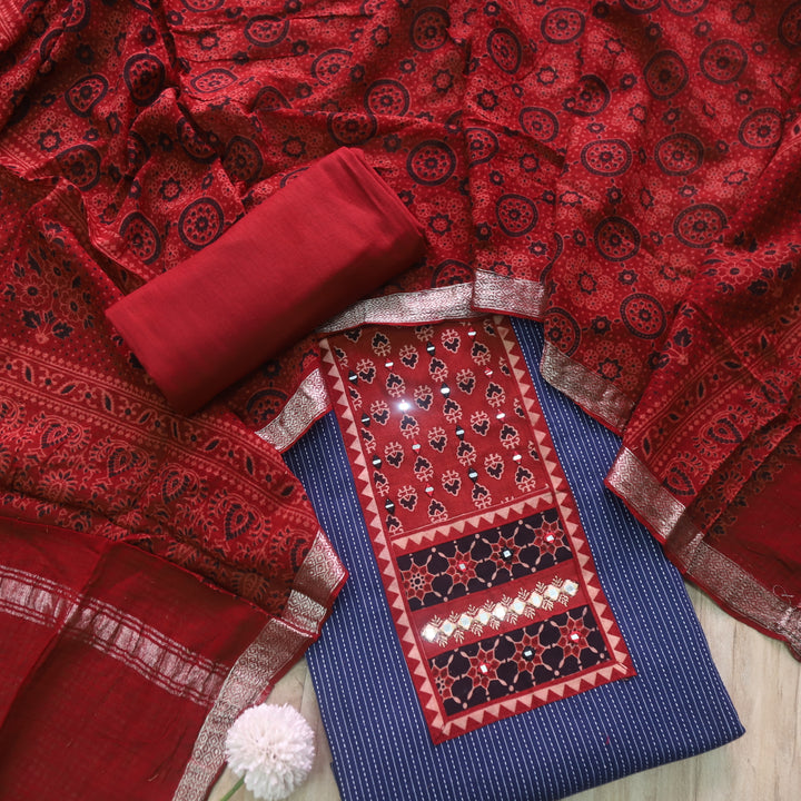 Surma Denim Blue Ajrak Print Patch with Running Stitch Cotton Suit Set