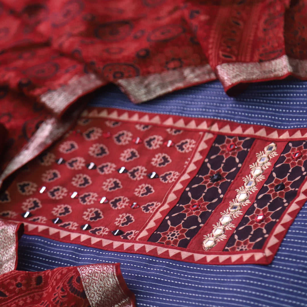 Surma Denim Blue Ajrak Print Patch with Running Stitch Cotton Suit Set