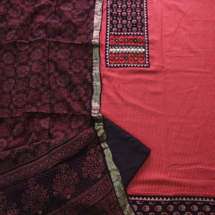 Surma Apple Red Ajrak Print Patch with Running Stitch Cotton Suit Set