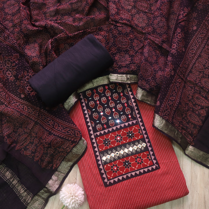 Surma Apple Red Ajrak Print Patch with Running Stitch Cotton Suit Set