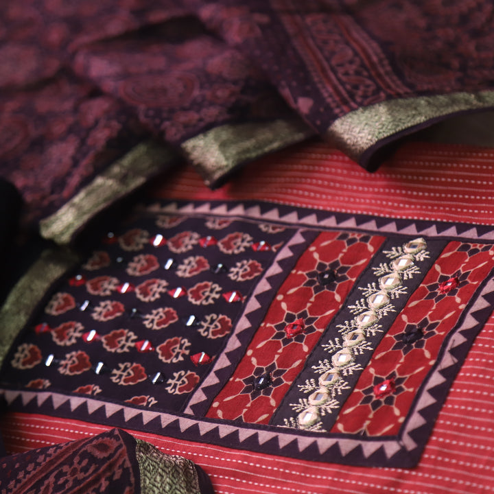Surma Apple Red Ajrak Print Patch with Running Stitch Cotton Suit Set