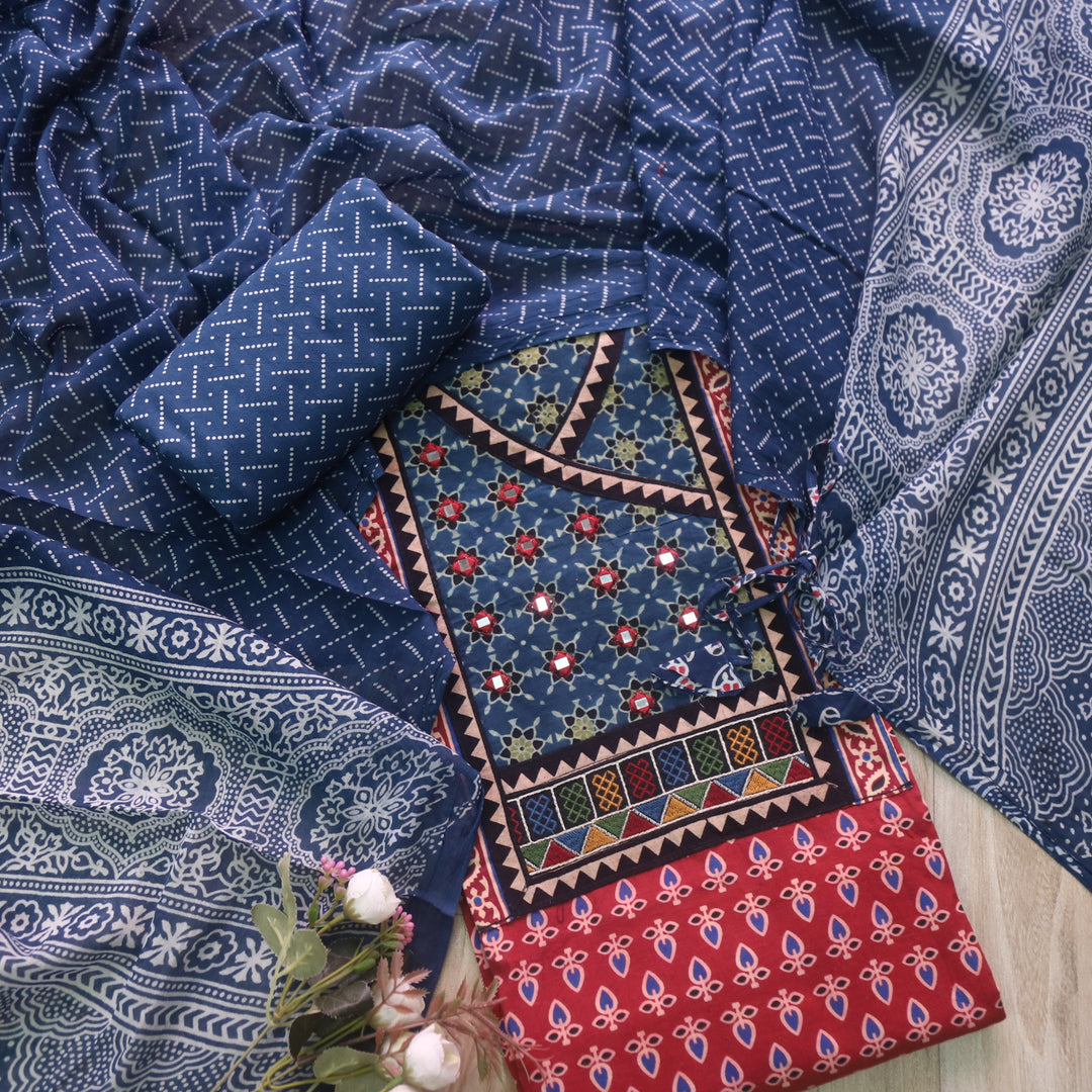 Falak Apple Red Angrakha Style Neck Ajrak Printed Cotton Suit Set