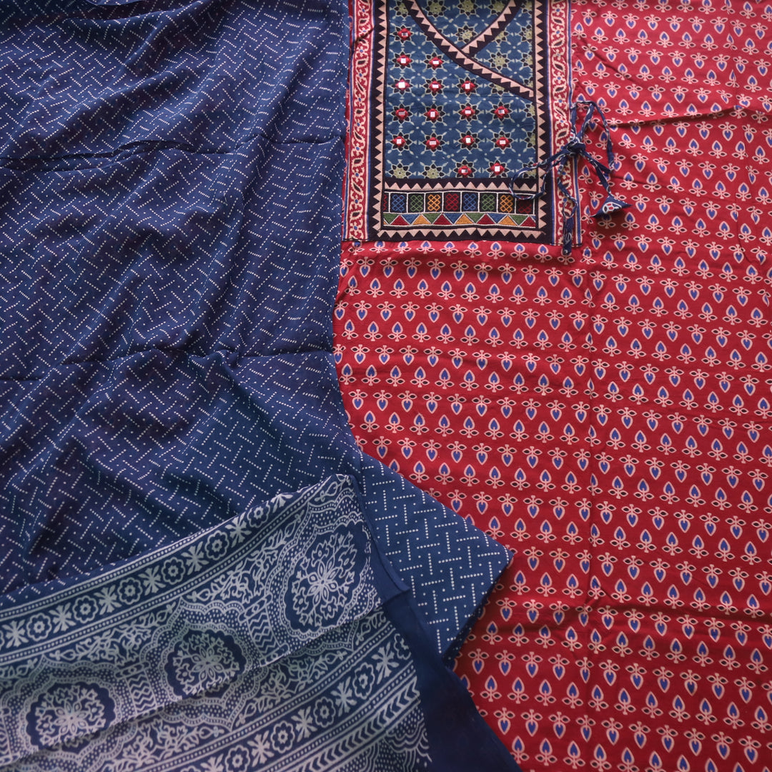 Falak Apple Red Angrakha Style Neck Ajrak Printed Cotton Suit Set