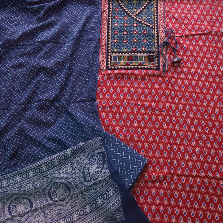 Falak Apple Red Angrakha Style Neck Ajrak Printed Cotton Suit Set