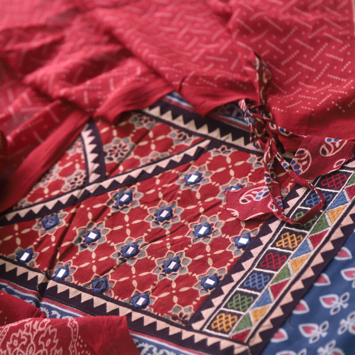 Falak Denim Blue Angrakha Style Neck Ajrak Printed Cotton Suit Set