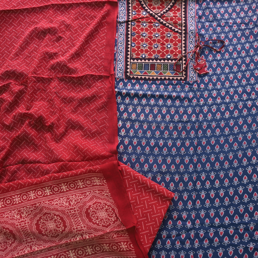 Falak Denim Blue Angrakha Style Neck Ajrak Printed Cotton Suit Set