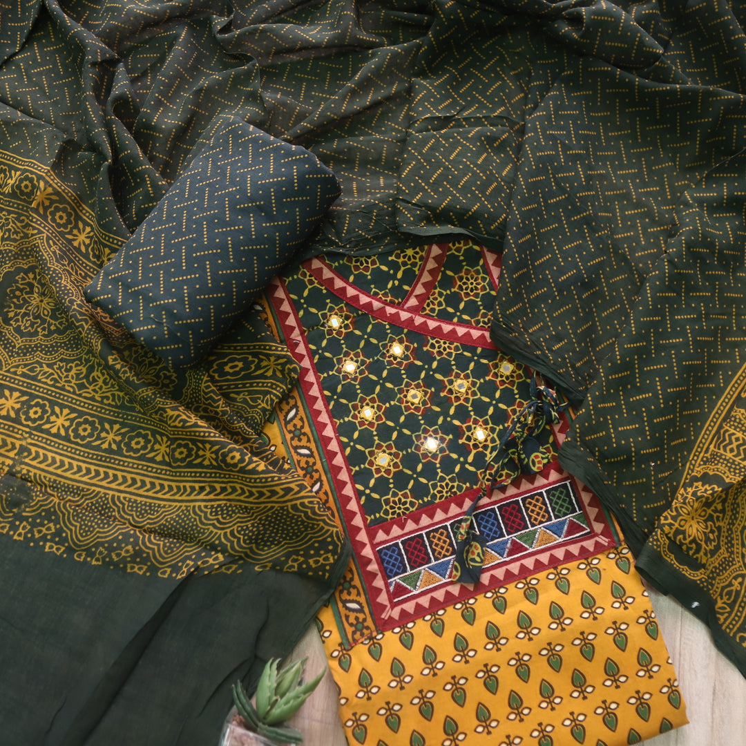 Falak Canary Yellow  Angrakha Style Neck Ajrak Printed Cotton Suit Set