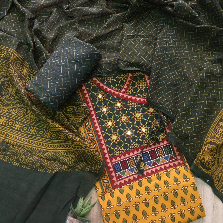 Falak Canary Yellow  Angrakha Style Neck Ajrak Printed Cotton Suit Set