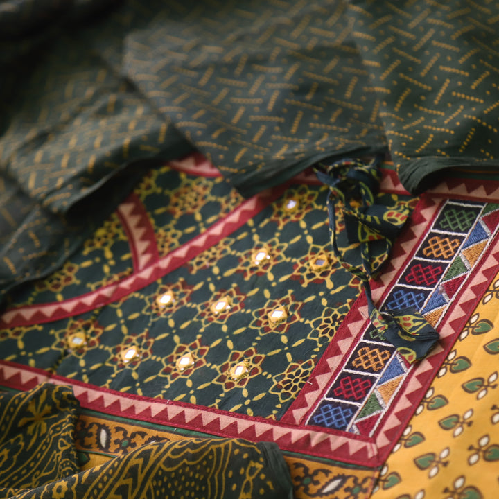 Falak Canary Yellow  Angrakha Style Neck Ajrak Printed Cotton Suit Set