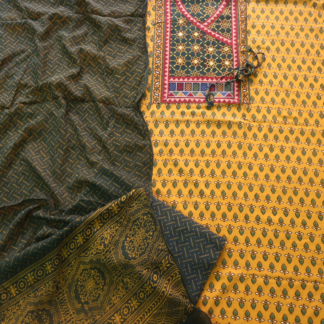Falak Canary Yellow  Angrakha Style Neck Ajrak Printed Cotton Suit Set