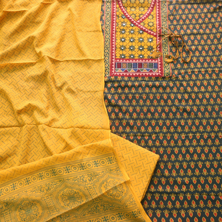 Falak Forest Green Angrakha Style Neck Ajrak Printed Cotton Suit Set