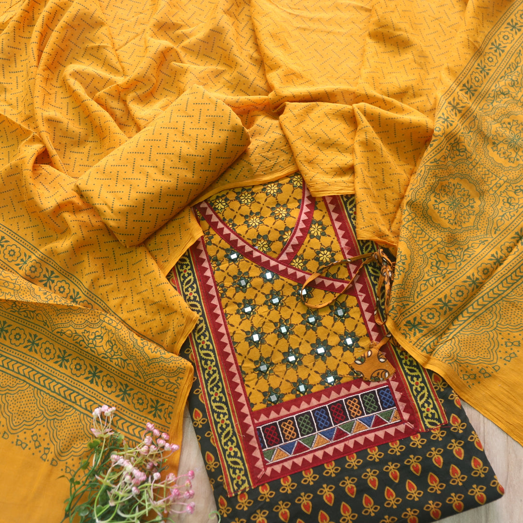 Falak Forest Green Angrakha Style Neck Ajrak Printed Cotton Suit Set