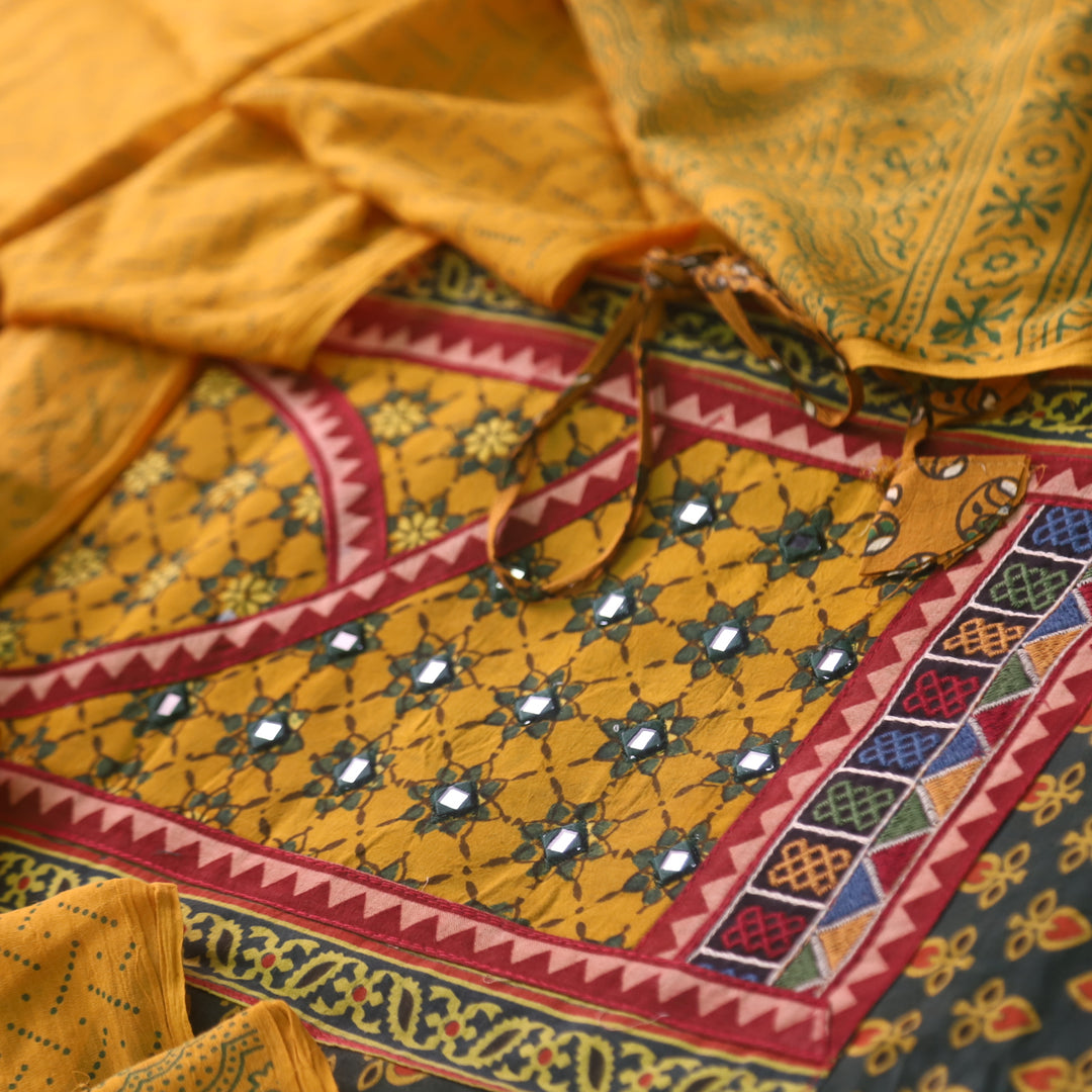 Falak Forest Green Angrakha Style Neck Ajrak Printed Cotton Suit Set