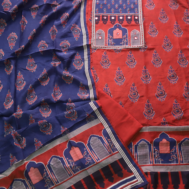 Newari Barn Red Mughal Print Patch in Ajrak Printed Muslin Suit Set