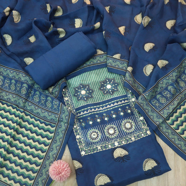 Newari Cerulean Blue All Over Ajrak Printed Muslin Suit Set