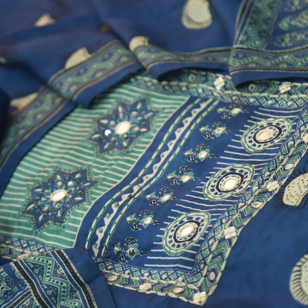 Newari Cerulean Blue All Over Ajrak Printed Muslin Suit Set