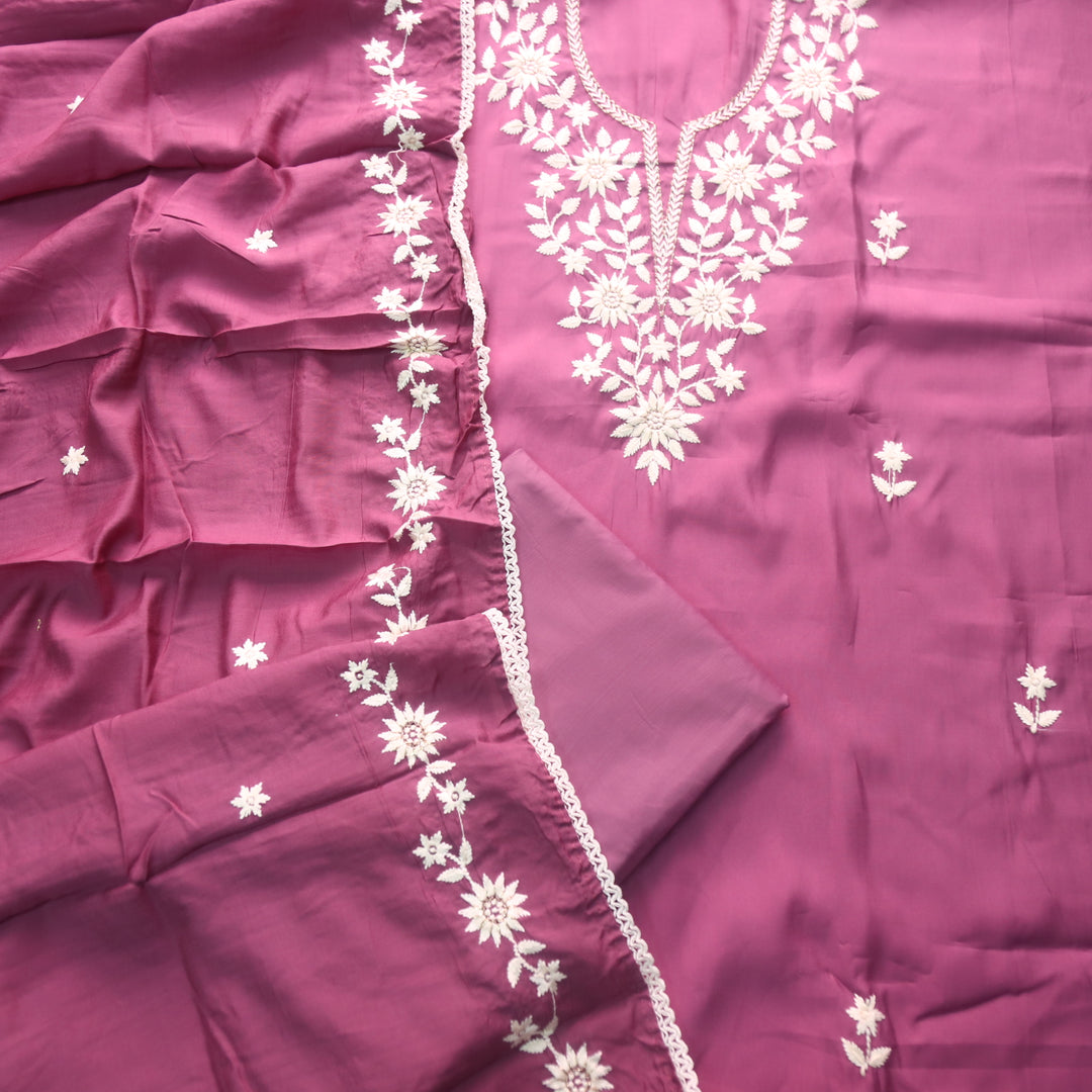 Newari Helio Mauve Thread Embroidered Neck Work Modal Suit Set