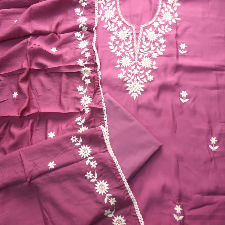 Newari Helio Mauve Thread Embroidered Neck Work Modal Suit Set