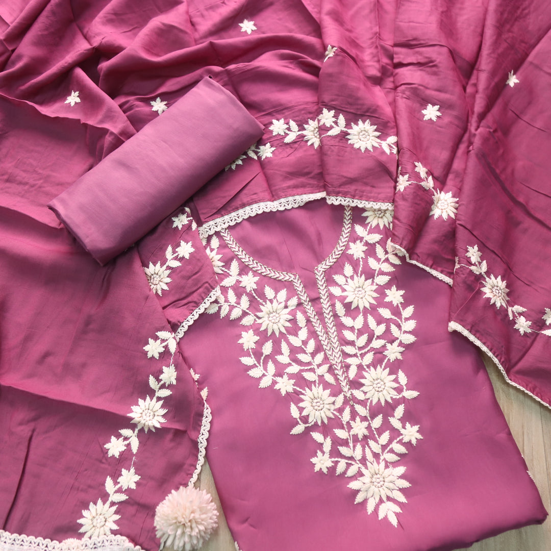 Newari Helio Mauve Thread Embroidered Neck Work Modal Suit Set