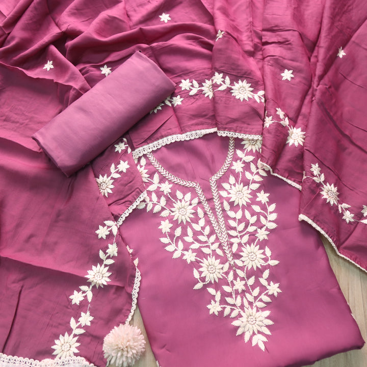 Newari Helio Mauve Thread Embroidered Neck Work Modal Suit Set