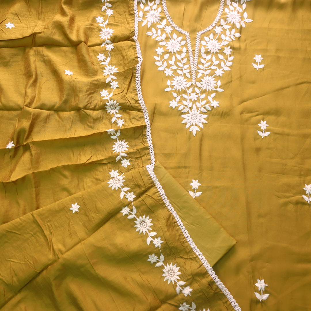 Newari Mustard Yellow Thread Embroidered Neck Work Modal Suit Set