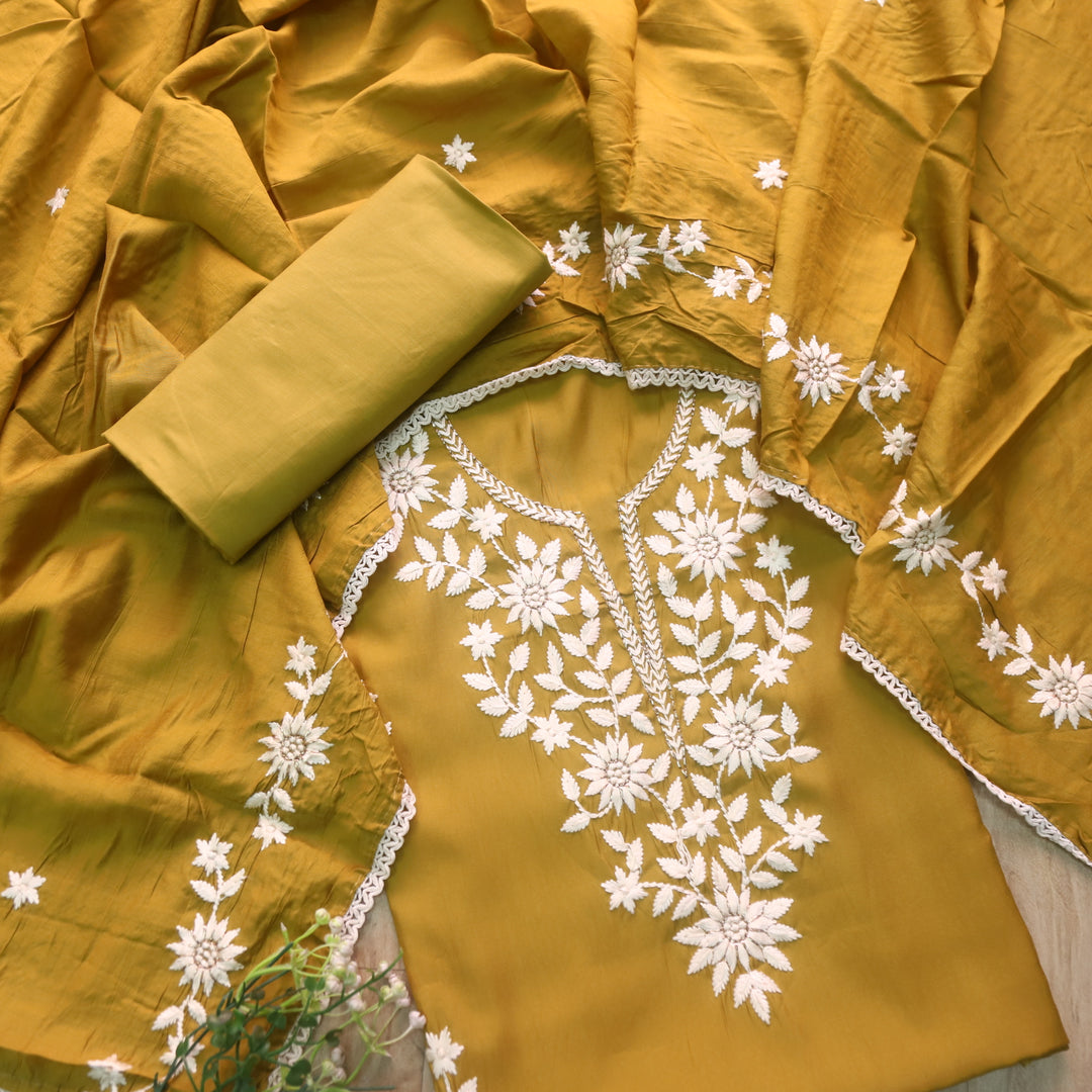 Newari Mustard Yellow Thread Embroidered Neck Work Modal Suit Set