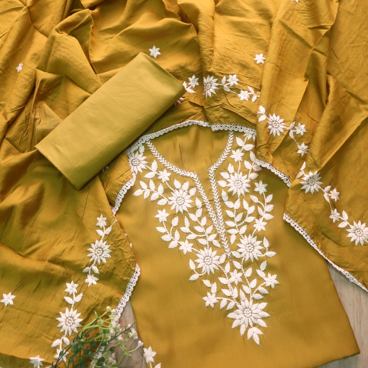 Newari Mustard Yellow Thread Embroidered Neck Work Modal Suit Set
