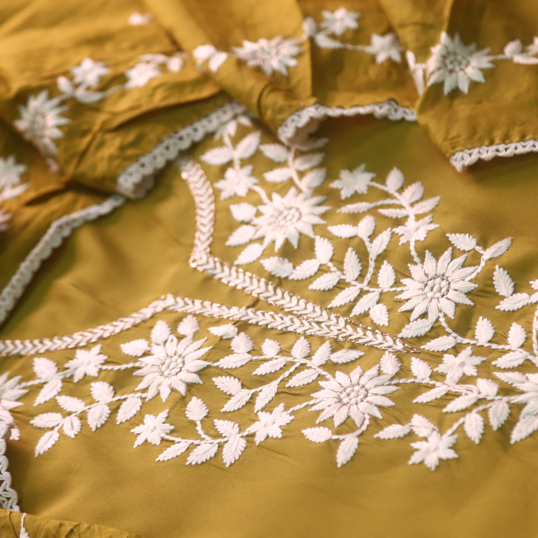 Newari Mustard Yellow Thread Embroidered Neck Work Modal Suit Set