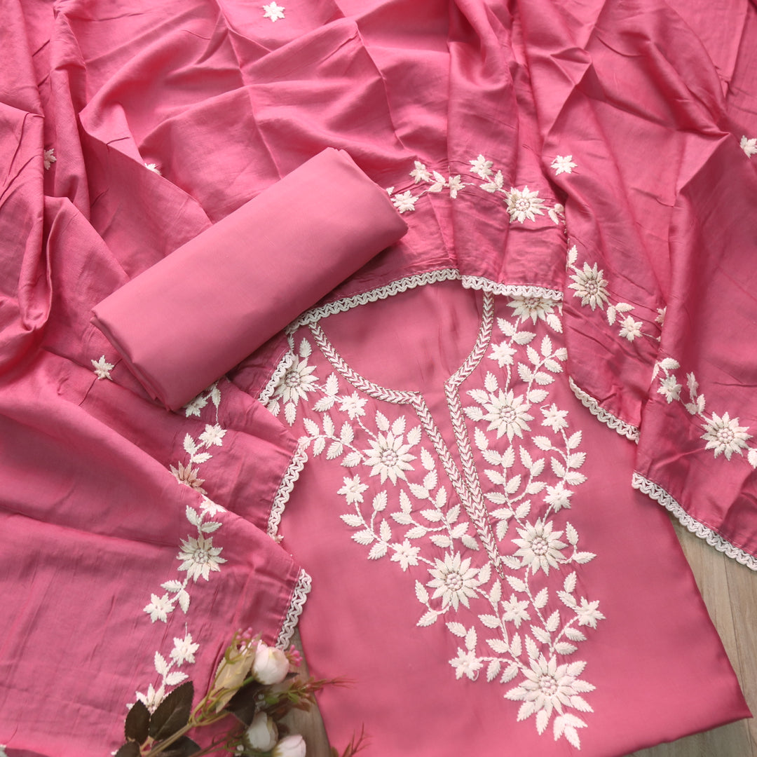 Newari Persian Pink Thread Embroidered Neck Work Modal Suit Set