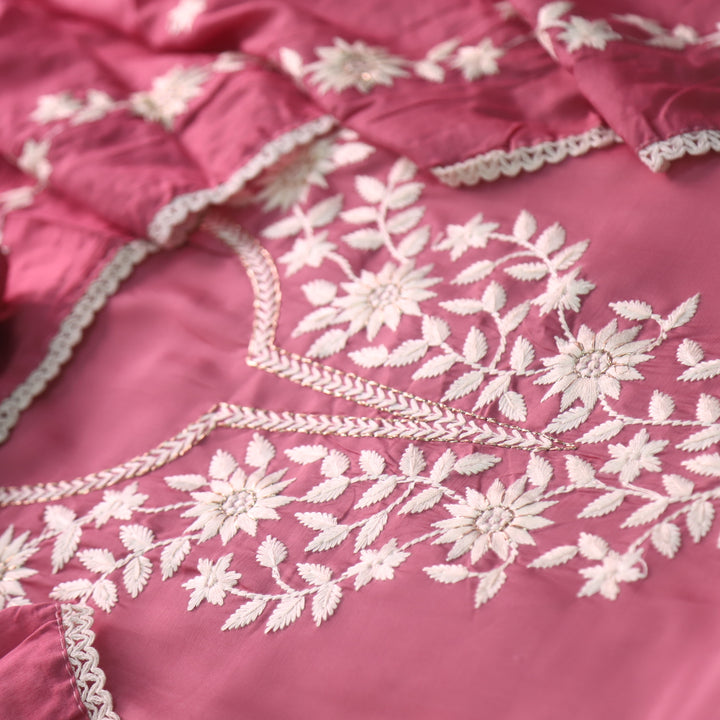 Newari Persian Pink Thread Embroidered Neck Work Modal Suit Set