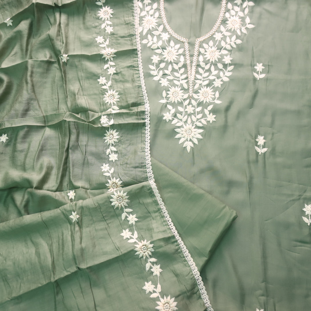 Newari Sage Green Thread Embroidered Neck Work Modal Suit Set