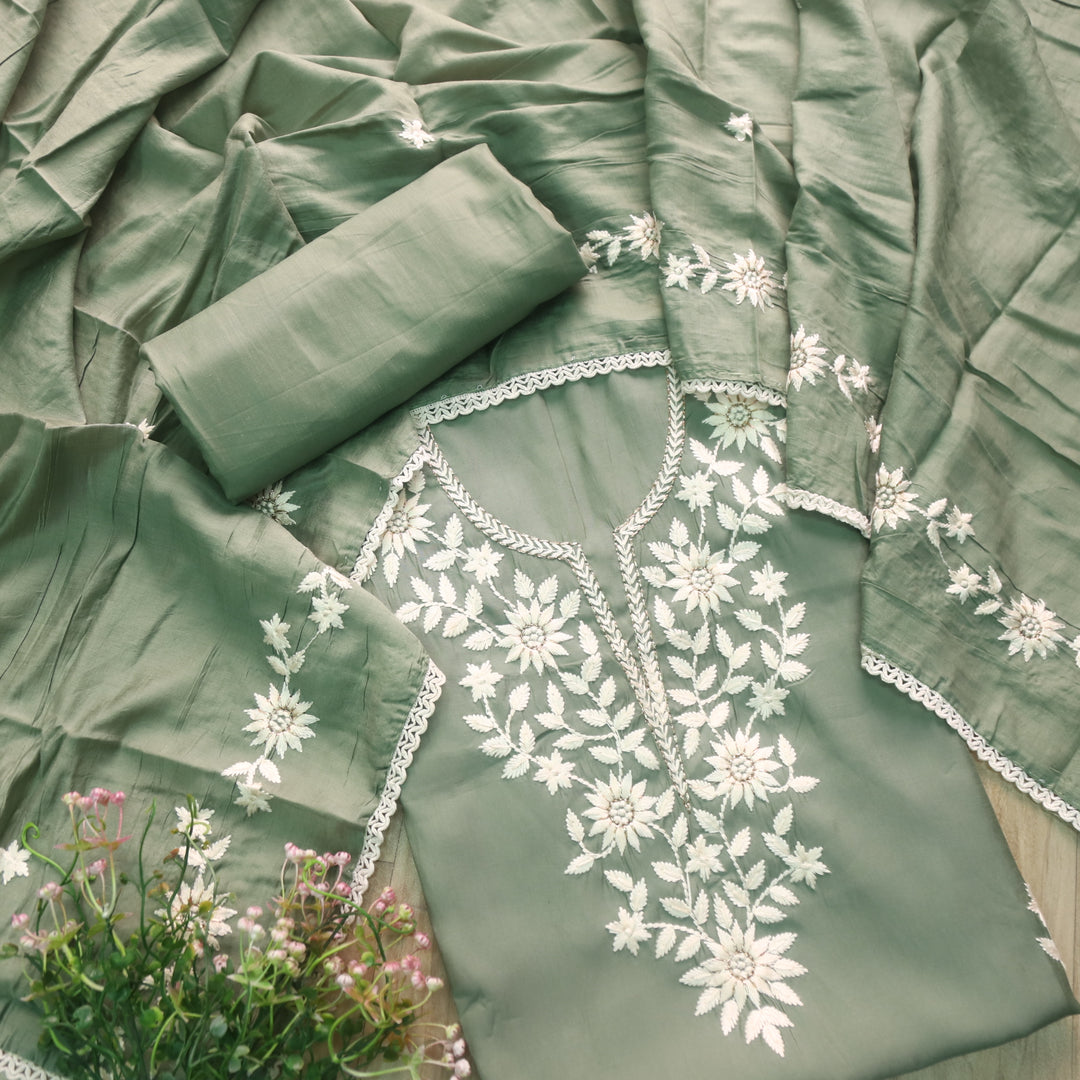 Newari Sage Green Thread Embroidered Neck Work Modal Suit Set
