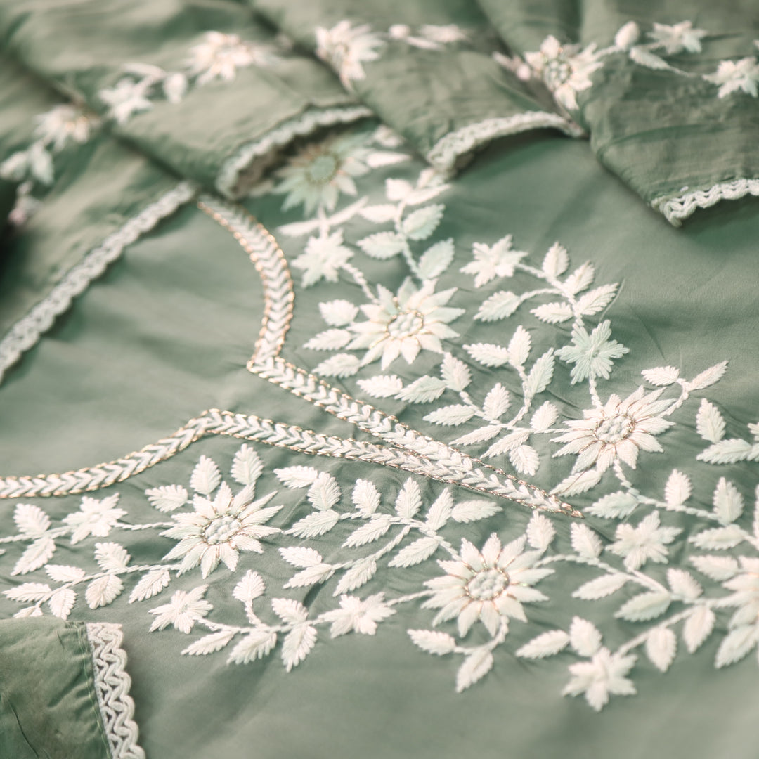 Newari Sage Green Thread Embroidered Neck Work Modal Suit Set