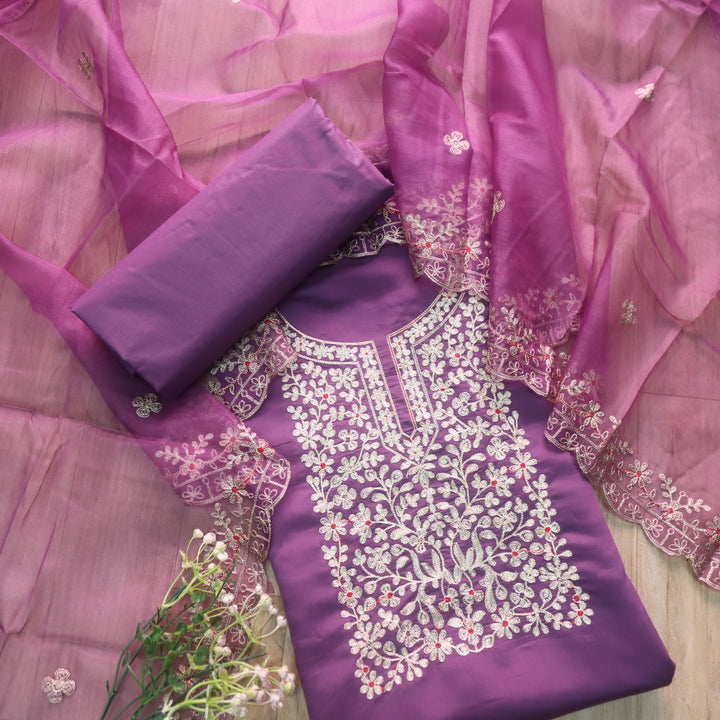 सलामी Orchid Purple Embellish Zari Neck Work Modal Suit Set