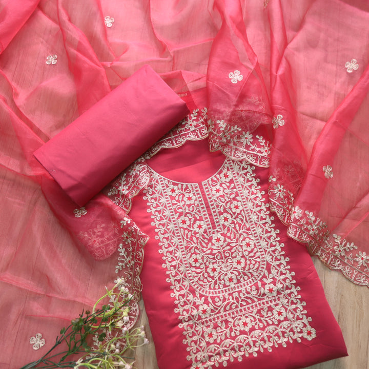 सलामी Barbie Pink Embellish Zari Neck Work Modal Suit Set