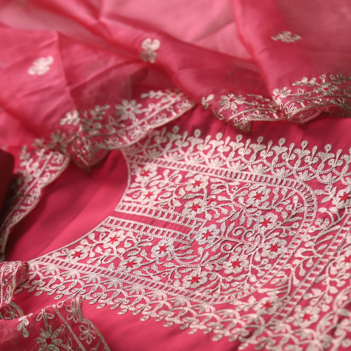 सलामी Barbie Pink Embellish Zari Neck Work Modal Suit Set