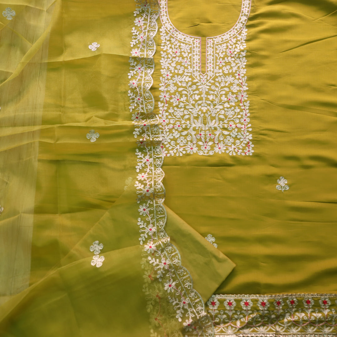 सलामी Lemon Green Embellish Zari Neck Work Modal Suit Set