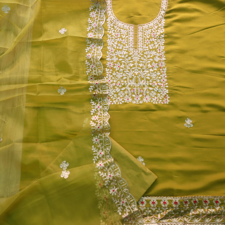 सलामी Lemon Green Embellish Zari Neck Work Modal Suit Set
