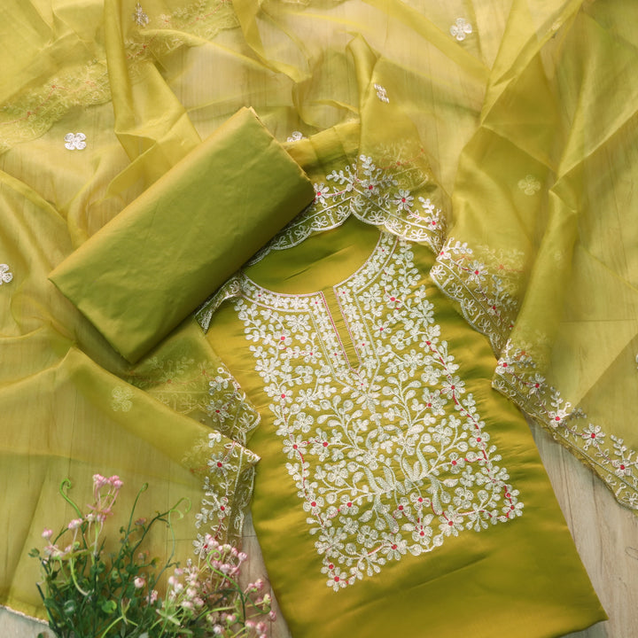 सलामी Lemon Green Embellish Zari Neck Work Modal Suit Set