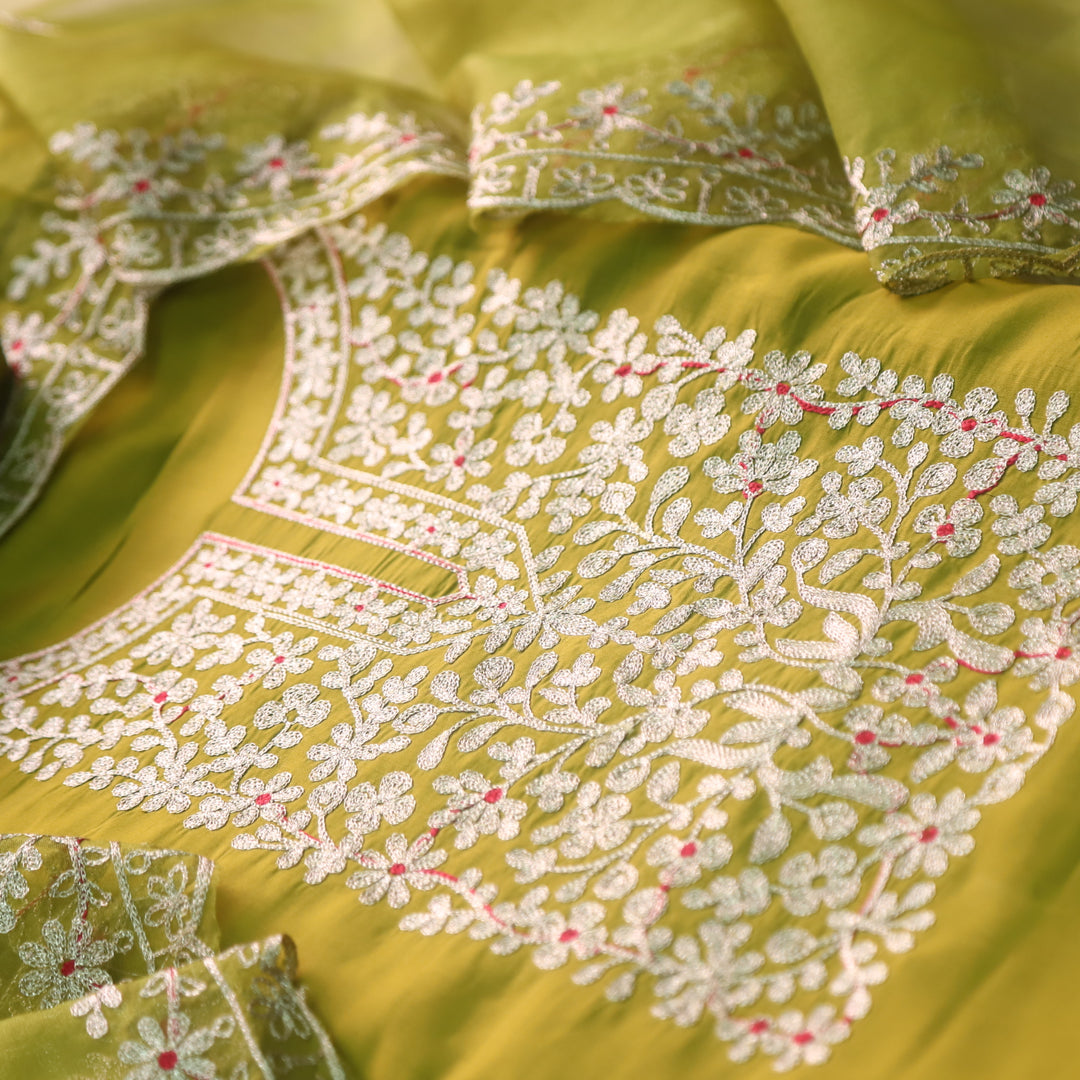 सलामी Lemon Green Embellish Zari Neck Work Modal Suit Set