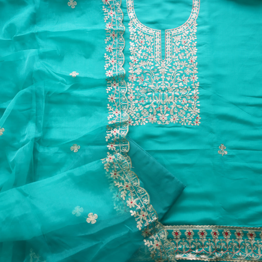 सलामी Aqua Blue Embellish Zari Neck Work Modal Suit Set