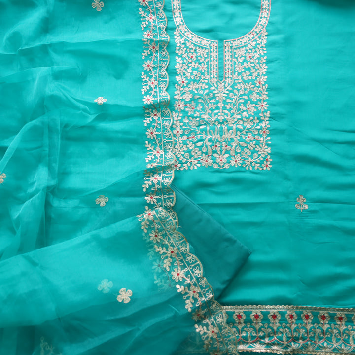 सलामी Aqua Blue Embellish Zari Neck Work Modal Suit Set