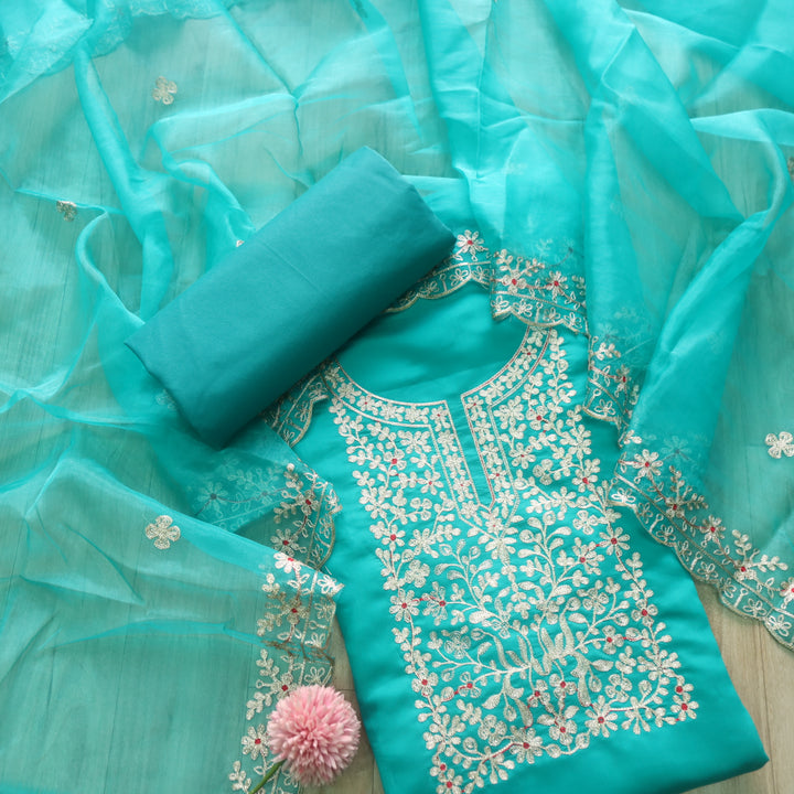 सलामी Aqua Blue Embellish Zari Neck Work Modal Suit Set
