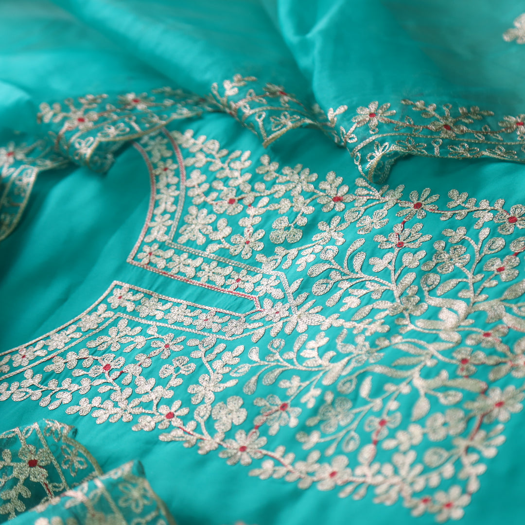 सलामी Aqua Blue Embellish Zari Neck Work Modal Suit Set